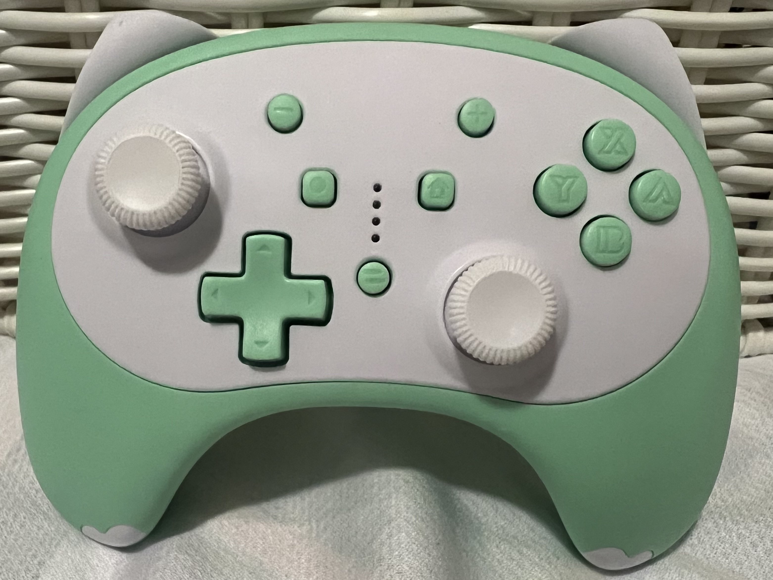 Light green and white controller with cat ear-like bumpers